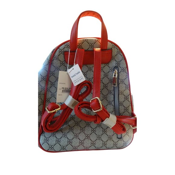 Backpack Red & Beige 12"L Womens Vegan Leather - Picture 2 of 4